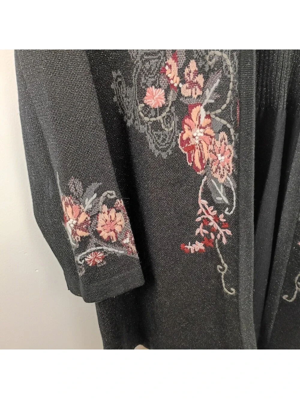 Christopher & Banks Women's Long Sweater Cardigan Open Front Embroidered 2X